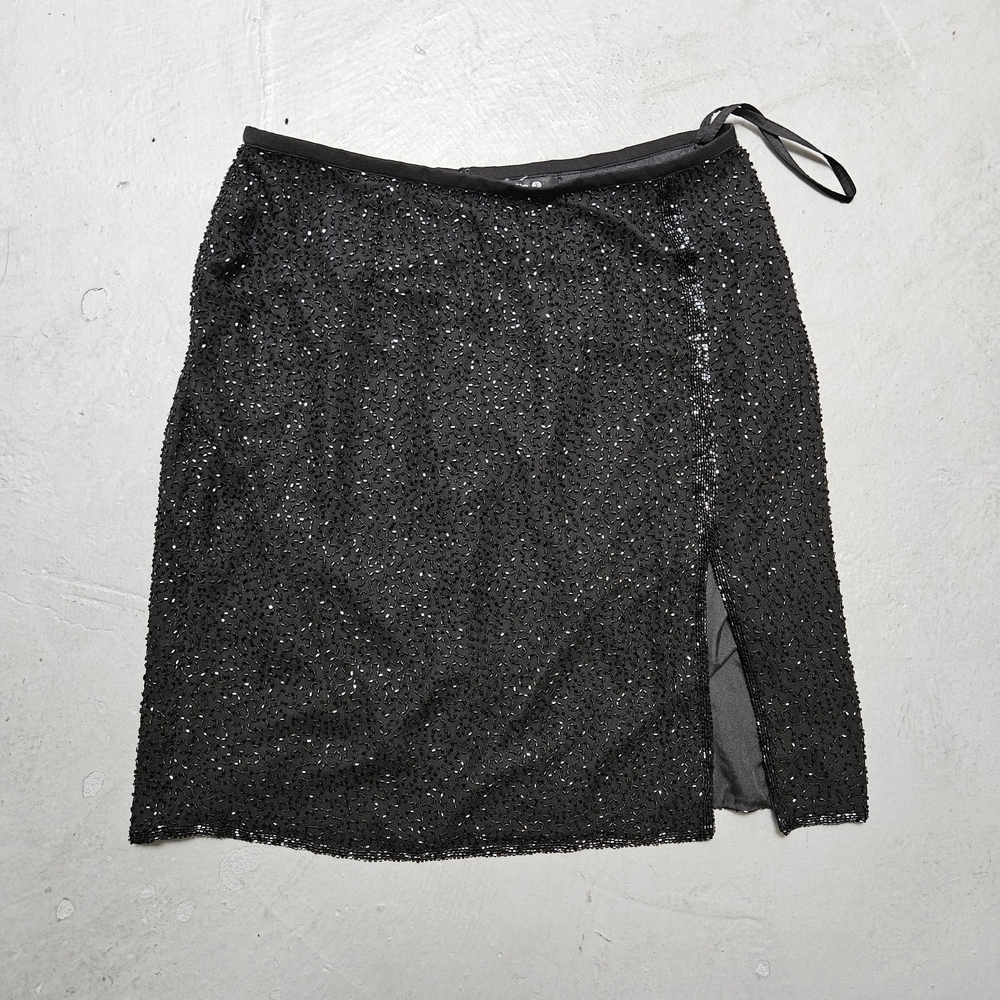 Vintage Studio Sz 14 100% Silk Hand Beaded Slit Whimsical Black Sequined Skirt